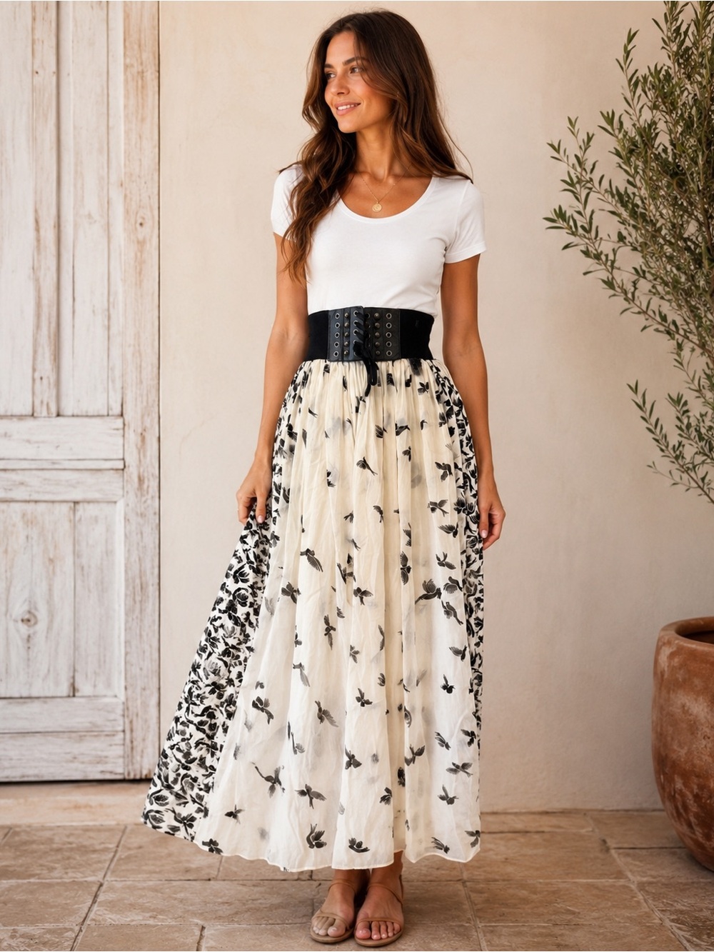 Magic Black & White Bird-Print Maxi Skirt Flowy Romantic Boho